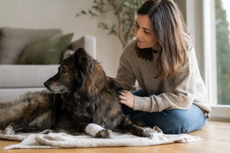 Ein Estrela Berghund mit leichtem Verband an der Pfote liegt entspannt auf einer Decke, während sein Besitzer erleichtert daneben sitzt.