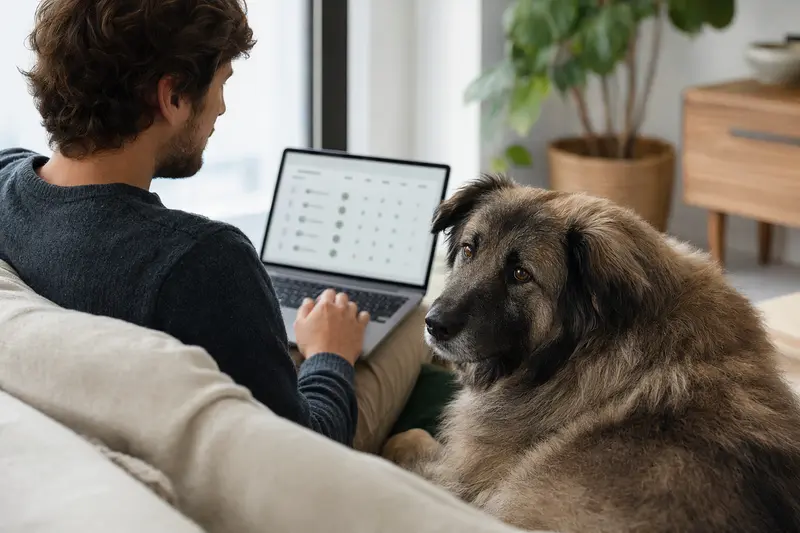 Ein Besitzer sitzt mit einem Estrela Berghund auf dem Sofa und arbeitet am Laptop, während er eine neutrale Versicherungsvergleichs-Oberfläche betrachtet.