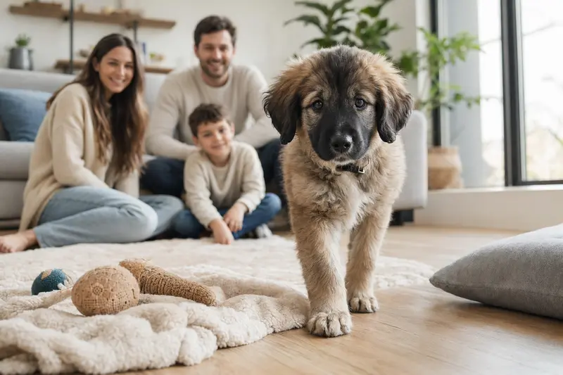 Ein neugieriger Estrela Berghund Welpe erkundet seine weiche Decke und Spielzeuge in einer hellen Wohnung.