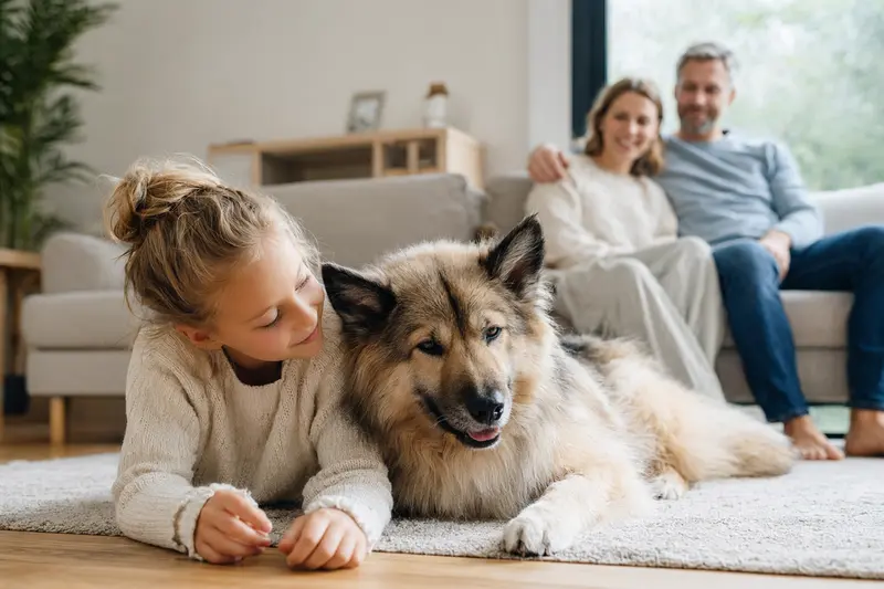 Ein entspannter Eurasier Hund liegt neben einem Kind im Wohnzimmer und vermittelt eine harmonische Familienatmosphäre.