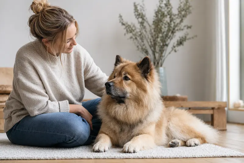 Ein Eurasier Hund steht aufmerksam in natürlicher Haltung vor hellem, neutralem Hintergrund.