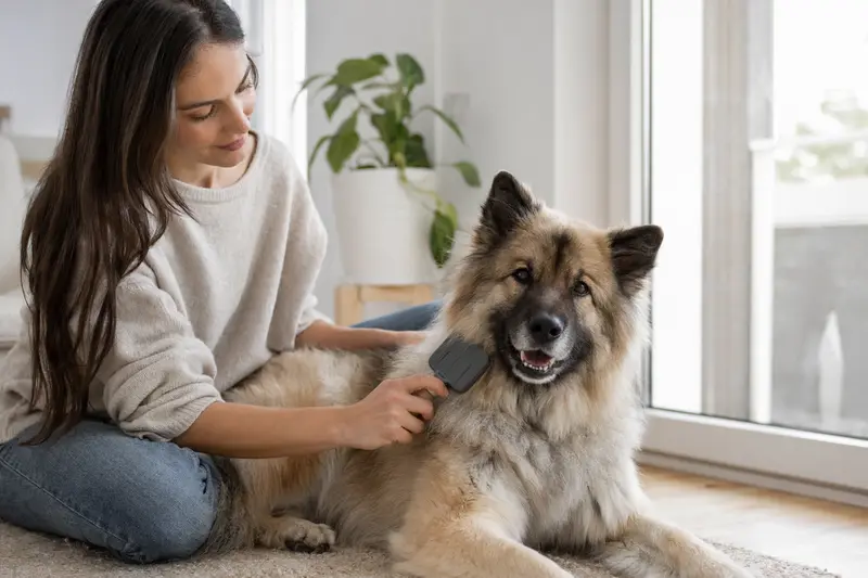 Ein Eurasier Hund wird in einer hellen Wohnung sanft von seinem Besitzer gebürstet und gepflegt.