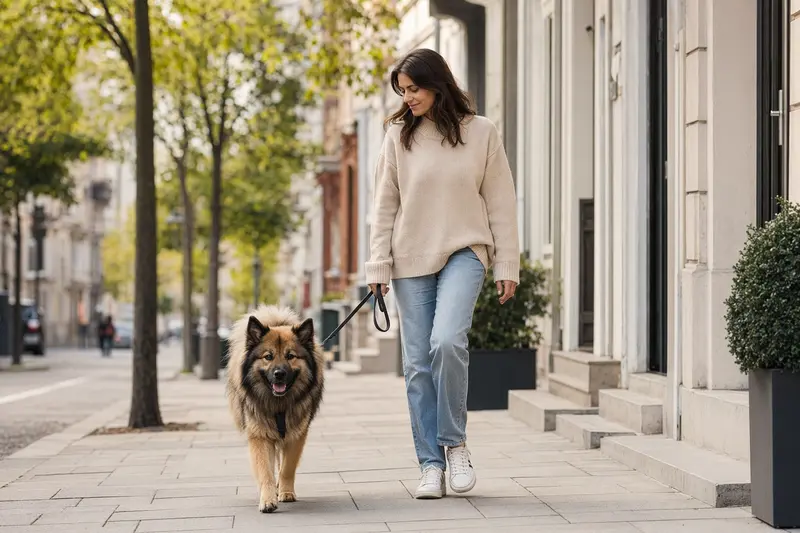 Ein Eurasier Hund läuft an der Leine mit seinem Besitzer durch eine moderne Stadtstraße.
