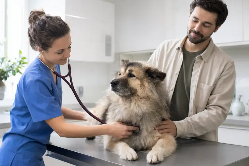 Ein ruhiger Eurasier Hund wird von einer freundlichen Tierärztin auf einem Untersuchungstisch in einer modernen Tierarztpraxis untersucht.