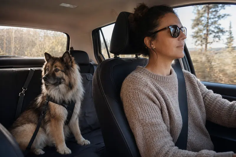 Ein sicher angeschnallter Eurasier Hund auf der Rückbank eines Autos, während der Besitzer fährt.