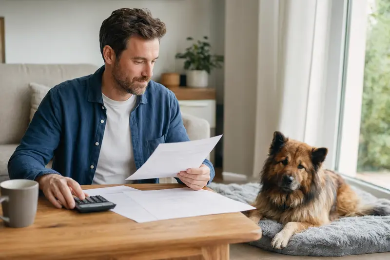 Besitzer sitzt mit einer Tierarztrechnung am Tisch, während ein entspannter Eurasier auf einer Decke daneben ruht – ein ruhiges Motiv zu Tierarztkosten und Hundeversicherung.