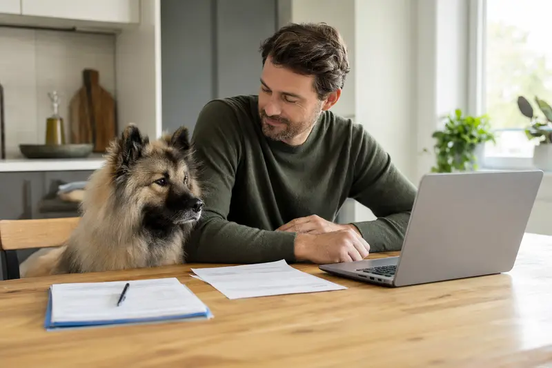 Ein Eurasier Hund sitzt gelassen neben seinem Besitzer, während auf dem Tisch Versicherungsunterlagen und ein Laptop liegen.