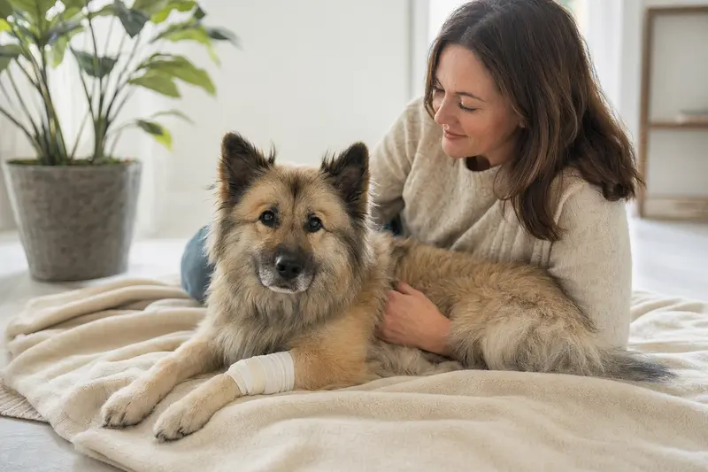 Ein Eurasier Hund mit leichtem Verband liegt entspannt neben seinem erleichterten Besitzer auf einer Decke in einer hellen Wohnung.