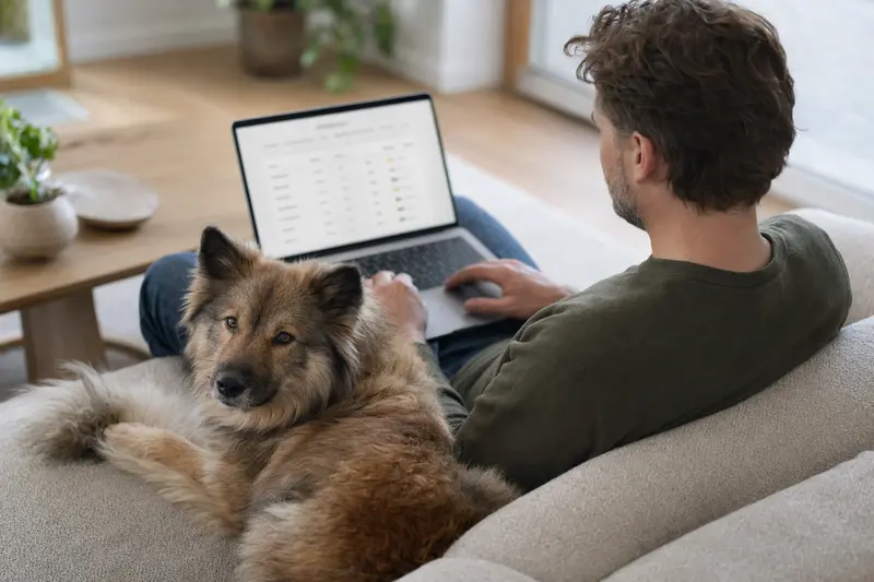 Ein Hundebesitzer arbeitet mit einem Laptop auf dem Sofa, während ein Eurasier-Hund entspannt daneben sitzt.