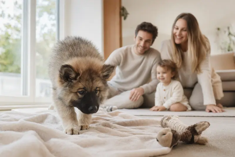 Ein neugieriger Eurasier Welpe erkundet liebevoll sein neues Zuhause mit weicher Decke und Spielzeug, während die Familie im Hintergrund entspannt.