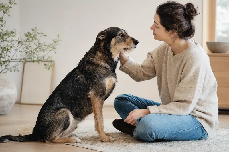 Ein aufmerksamer Eurohound steht in natürlicher Haltung vor hellem Hintergrund und zeigt als realistisches Hundeporträt seine typische Körperform und Fellstruktur.
