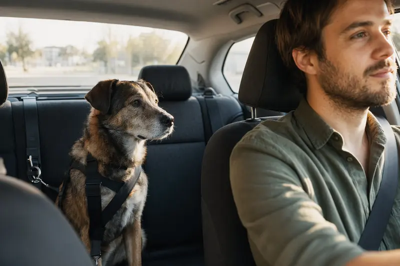 Ein Eurohound Hund sitzt sicher angeschnallt auf der Rückbank eines Autos, während der Besitzer ruhig fährt.