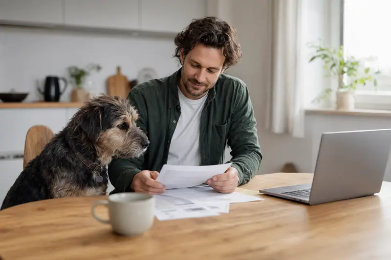 Ein Eurohound sitzt entspannt neben seinem Besitzer am Küchentisch mit Versicherungsunterlagen und Laptop.
