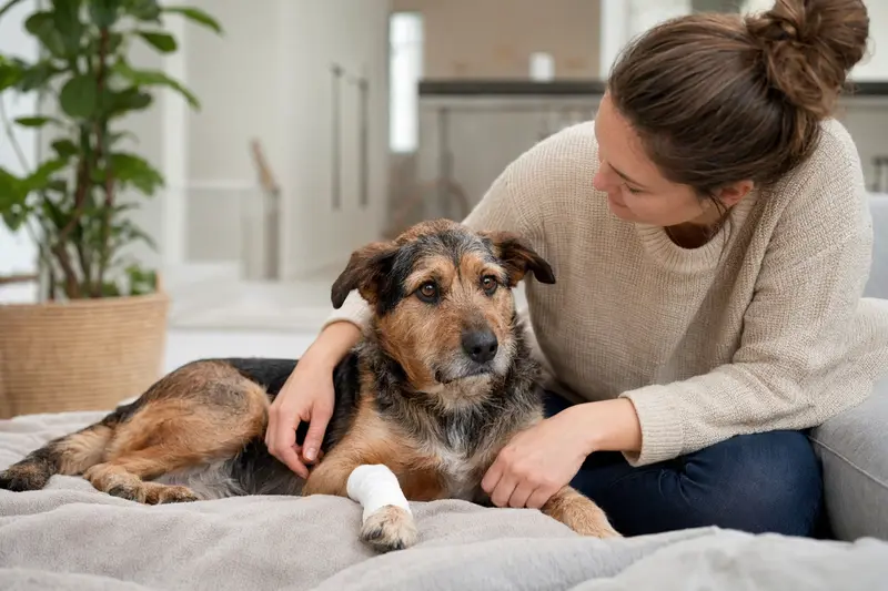 Ein Eurohound Hund mit Verband an der Pfote liegt entspannt neben seinem erleichterten Besitzer in einer hellen Wohnung.
