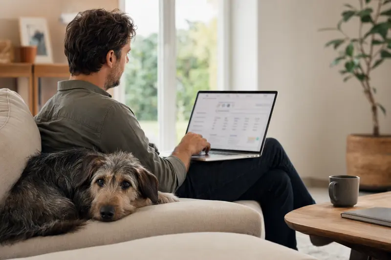Ein Hundebesitzer arbeitet am Laptop auf dem Sofa, während ein Eurohound daneben sitzt.