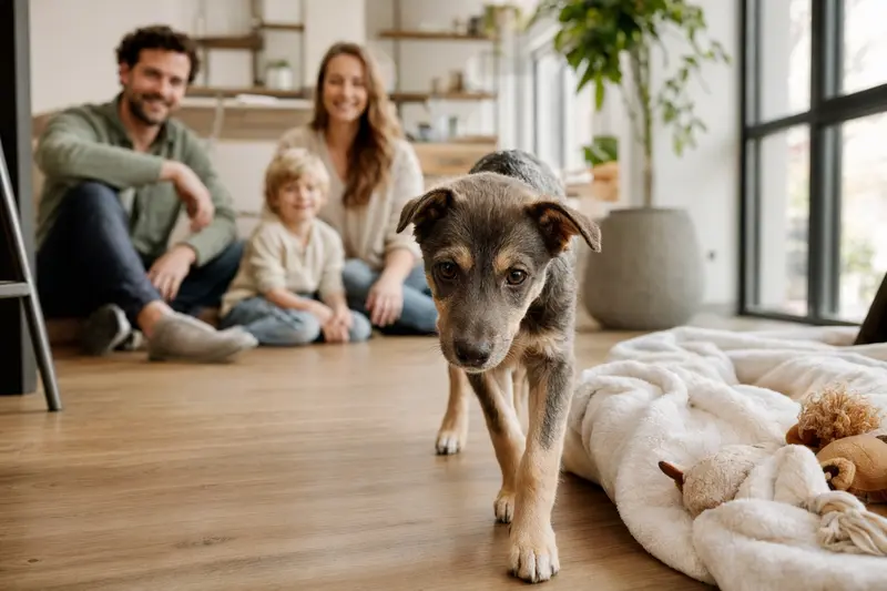 Ein neugieriger Eurohound Welpe erkundet seine neue Umgebung mit einer weichen Decke und Spielzeug in einer hellen Wohnung.