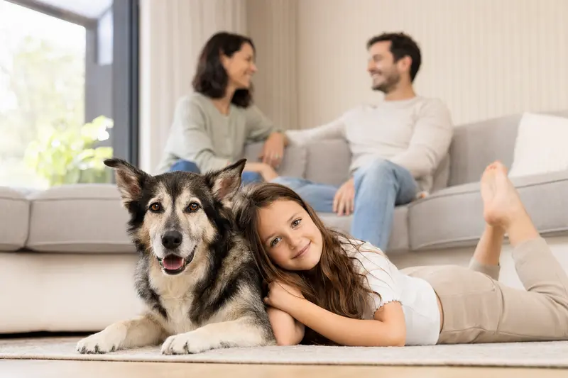 Ein entspannter Europäischer Schlittenhund liegt neben einem Kind im Wohnzimmer und schafft eine vertrauensvolle Atmosphäre.