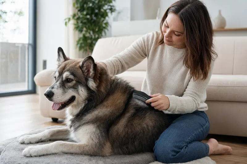 Ein Europäischer Schlittenhund wird zuhause sanft gebürstet und gepflegt.