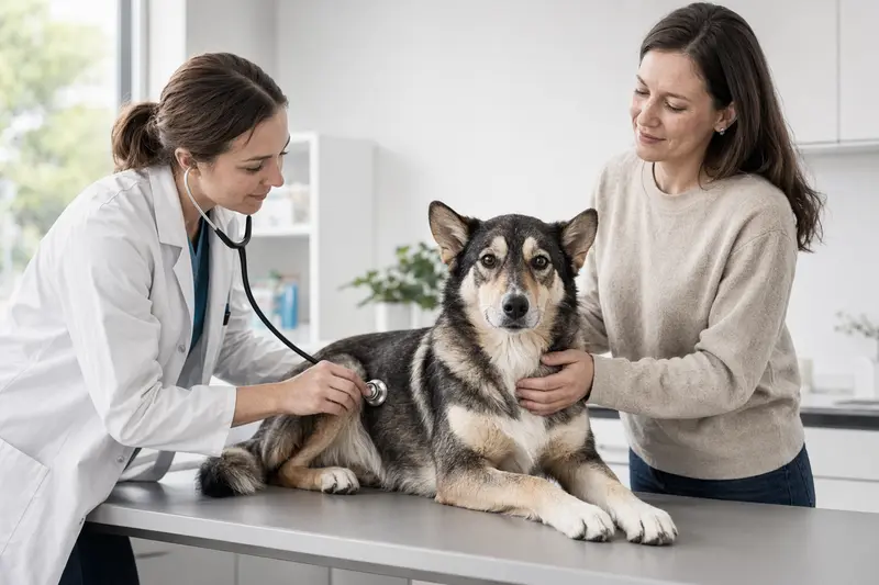 Ein ruhiger Europäischer Schlittenhund wird von einer freundlichen Tierärztin in einer modernen Praxis mit einem Stethoskop untersucht.