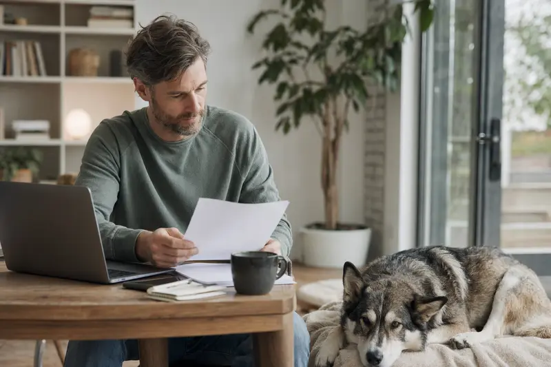Ein Hundehalter sitzt mit einer Tierarztrechnung am Tisch, während ein Europäischer Schlittenhund entspannt auf einer Decke liegt.