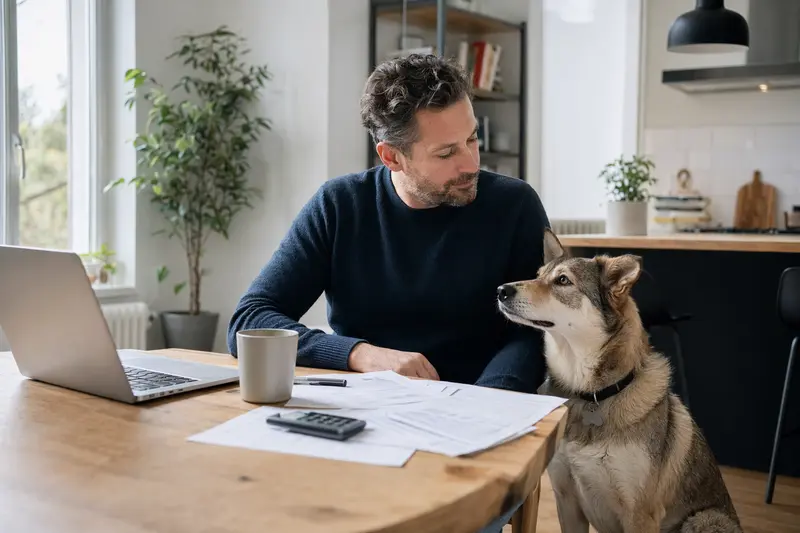 Ein ruhiger Europäischer Schlittenhund sitzt neben seinem Besitzer am Küchentisch, während Versicherungsunterlagen und ein Laptop darauf liegen.