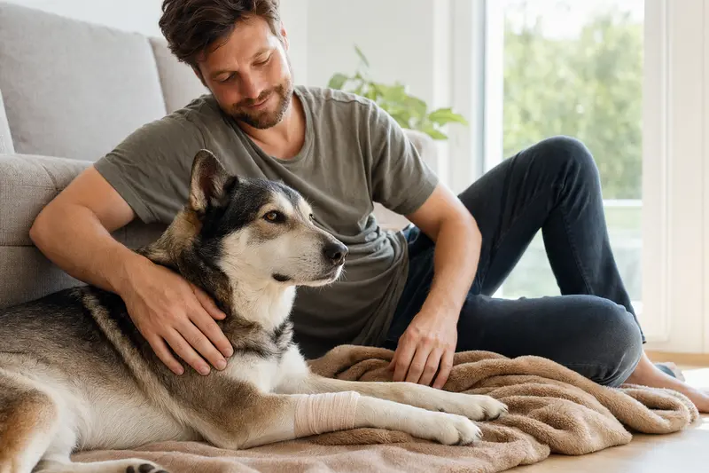 Ein entspannter Europäischer Schlittenhund mit einem leichten Verband an der Pfote liegt auf einer Decke, während sein Besitzer erleichtert neben ihm sitzt.