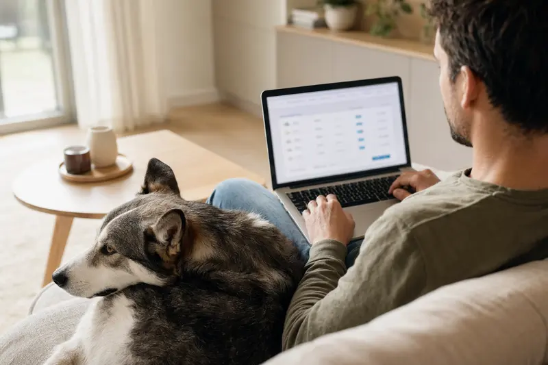 Ein Hundebesitzer sitzt auf dem Sofa mit einem Laptop, während ein Europäischer Schlittenhund entspannt daneben liegt.