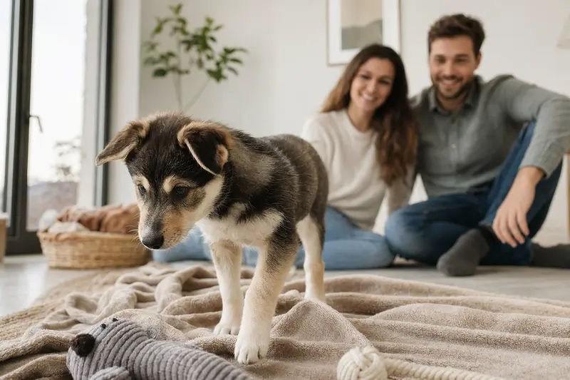 Ein neugieriger Europäischer Schlittenhund Welpe erkundet mit einem Spielzeug seine liebevolle und helle Wohnung.