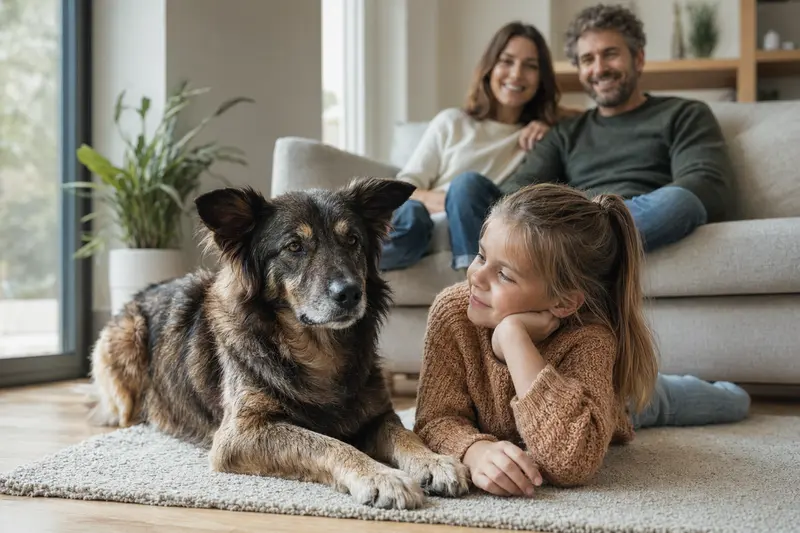 Ein entspannter Euskal Artzain Txakurra Hund liegt neben einem Kind, während die Eltern im Hintergrund eine harmonische Familienatmosphäre genießen.