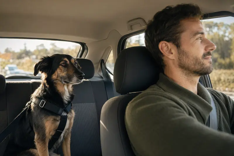 Ein Euskal Artzain Txakurra Hund sitzt sicher angeschnallt auf der Rückbank eines Autos, während der Besitzer fährt.