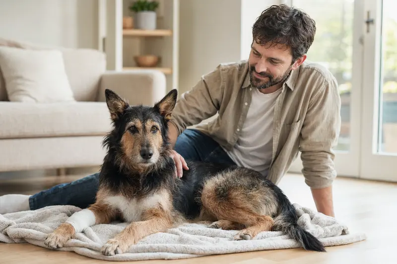 Ein Euskal Artzain Txakurra Hund mit Verband an der Pfote liegt entspannt auf einer Decke, während sein erleichterter Besitzer daneben sitzt.