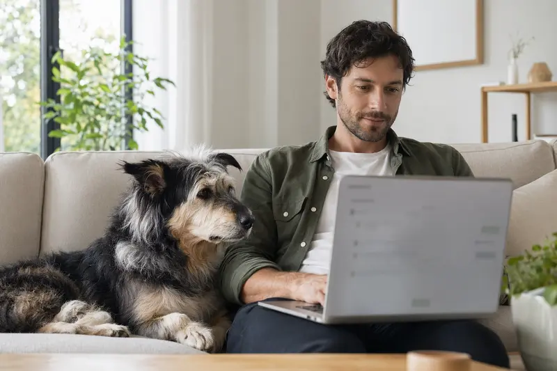 Ein Hundebesitzer sitzt entspannt auf dem Sofa und vergleicht Tierversicherungen auf seinem Laptop, während sein Euskal Artzain Txakurra Hund neben ihm liegt.