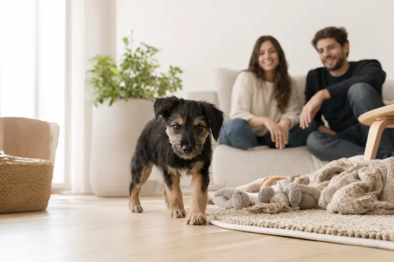 Ein neugieriger Euskal Artzain Txakurra Welpe erkundet seine helle, freundliche Wohnung mit weicher Decke und Spielzeug.