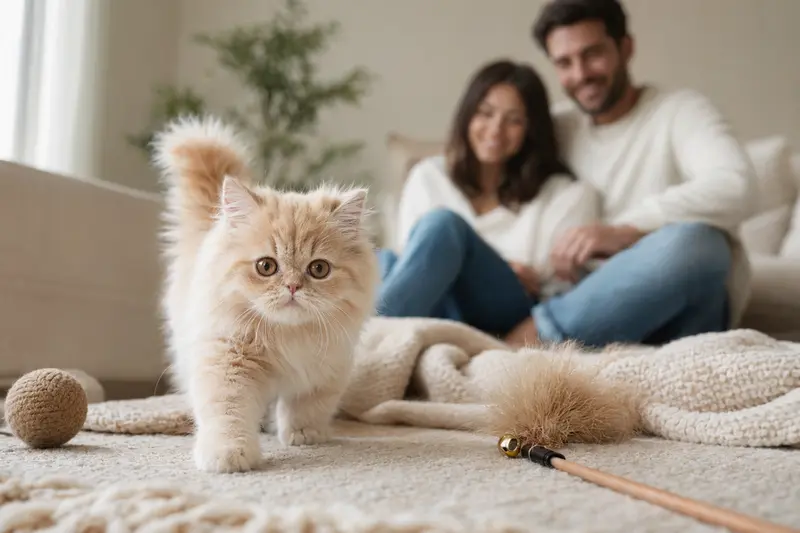 Ein neugieriges Exotic Longhair Katzen Kitten erkundet mit Freude seine weiche Decke und das Spielzeug in einem hellen Zuhause, während liebevolle Familienmitglieder im Hintergrund lächeln.