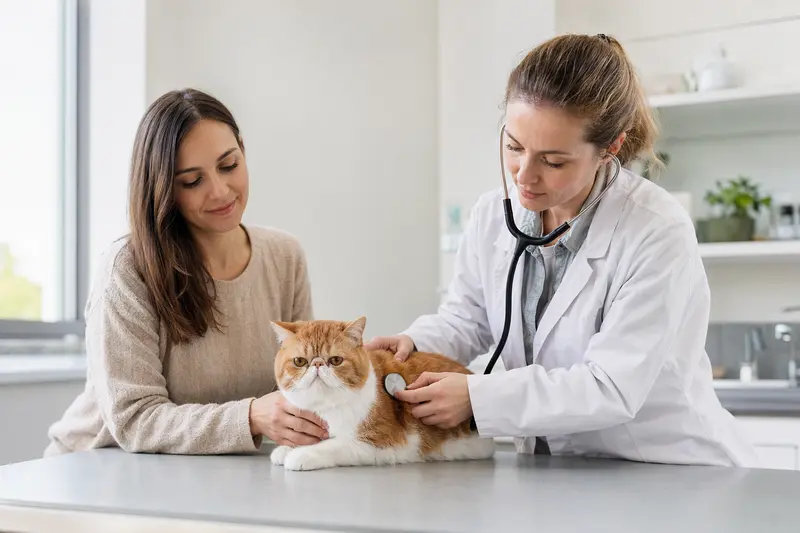 Die Exotic Shorthair Katze wird behutsam von einer Tierärztin mit Stethoskop untersucht, während der Besitzer beruhigend danebensteht.