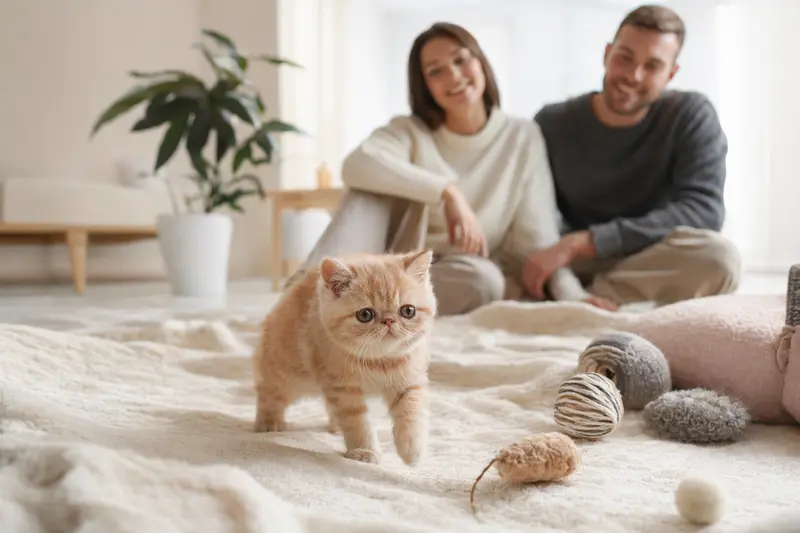 Ein neugieriges Exotic Shorthair Kätzchen entdeckt sein neues Zuhause mit Spielzeug und einer weichen Decke.