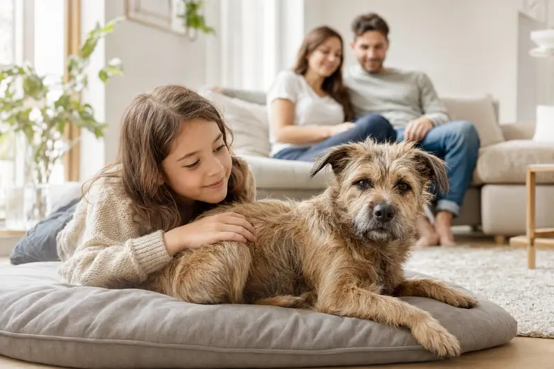 Ein anschmiegsamer Fell Terrier Hund liegt entspannt neben einem Kind im Wohnzimmer und strahlt eine vertrauensvolle Atmosphäre aus.