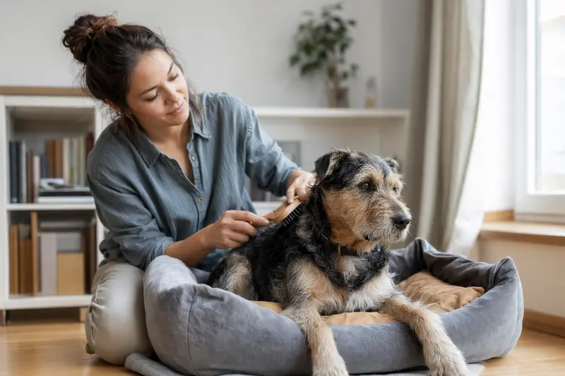 Ein Terrier wird zuhause liebevoll gebürstet, was die regelmäßige Fellpflege und verantwortungsvolle Hundegesundheit unterstreicht.