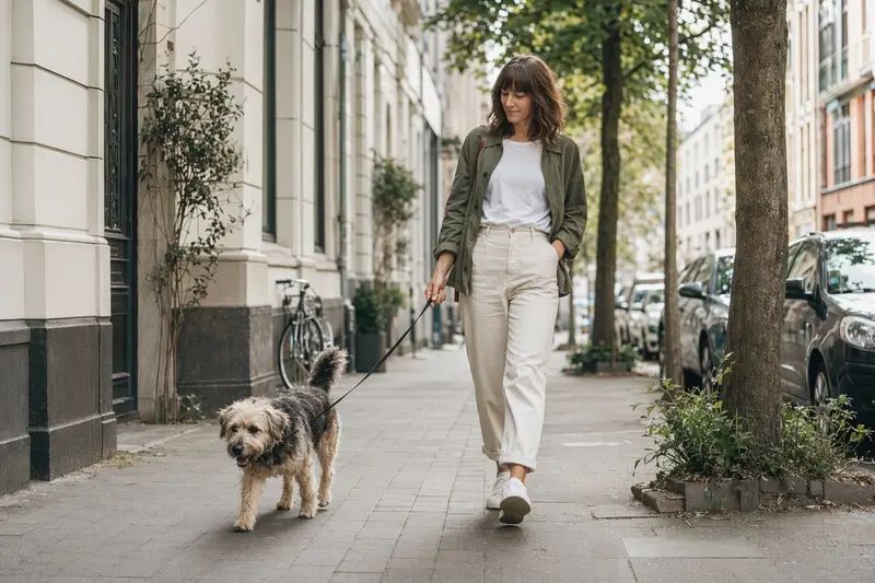 Ein Fell Terrier läuft entspannt an der Leine mit seinem Besitzer durch eine moderne Stadtstraße, passend zum Thema Hundegesundheit und Hunderversicherung.