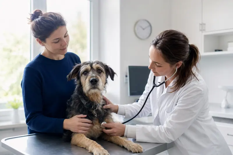 Ein ruhiger Fell Terrier wird von einer freundlichen Tierärztin in einer modernen Tierarztpraxis mit einem Stethoskop untersucht.