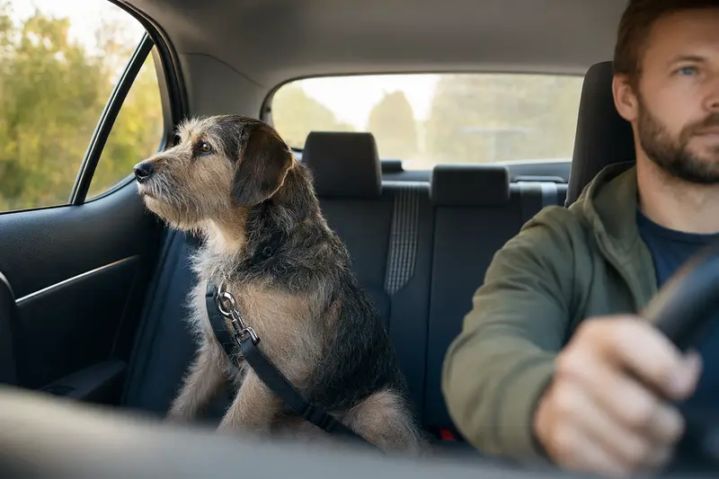 Ein sorgfältig angeschnallter Terrier Hund auf der Rückbank eines Fahrzeugs, während der Besitzer sicher fährt.