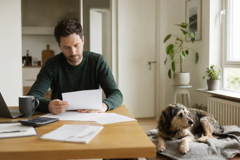 Ein Hundehalter sitzt mit einer Tierarztrechnung am Tisch, während ein ruhiger Terrier auf einer Decke daneben liegt und an eine Hundekrankenversicherung erinnert.