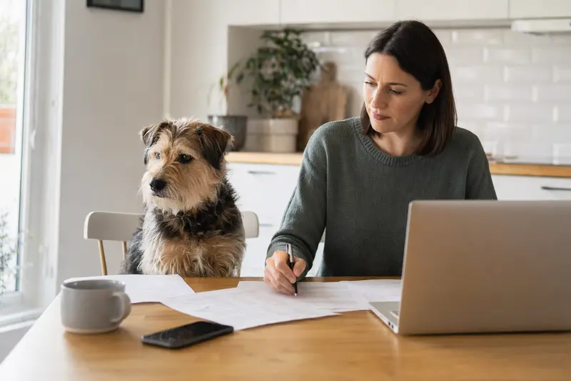 Ein kleiner Terrier sitzt ruhig neben seinem Besitzer am Küchentisch, auf dem Versicherungsunterlagen und ein Laptop liegen.