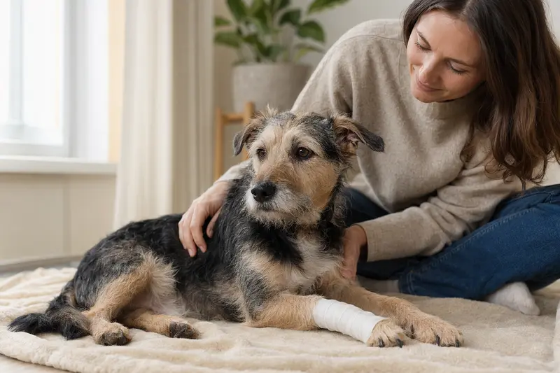 Ein ruhiger Terrier mit leichtem Verband auf der Pfote liegt auf einer Decke, während sein erleichterter Besitzer neben ihm sitzt.