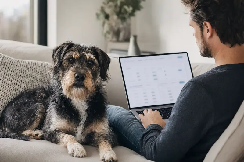 Ein entspannter Hundebesitzer sitzt auf dem Sofa mit einem Laptop, während ein Terrier neben ihm liegt und eine Versicherungsvergleichsseite unscharf zu sehen ist.