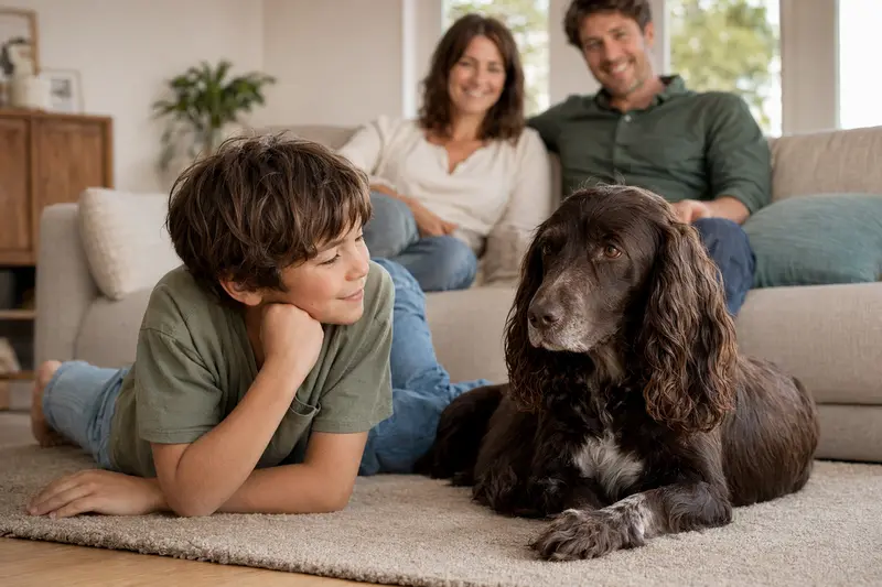 Ein Field Spaniel Hund liegt entspannt neben einem Kind im Wohnzimmer und strahlt familiäre Harmonie aus.
