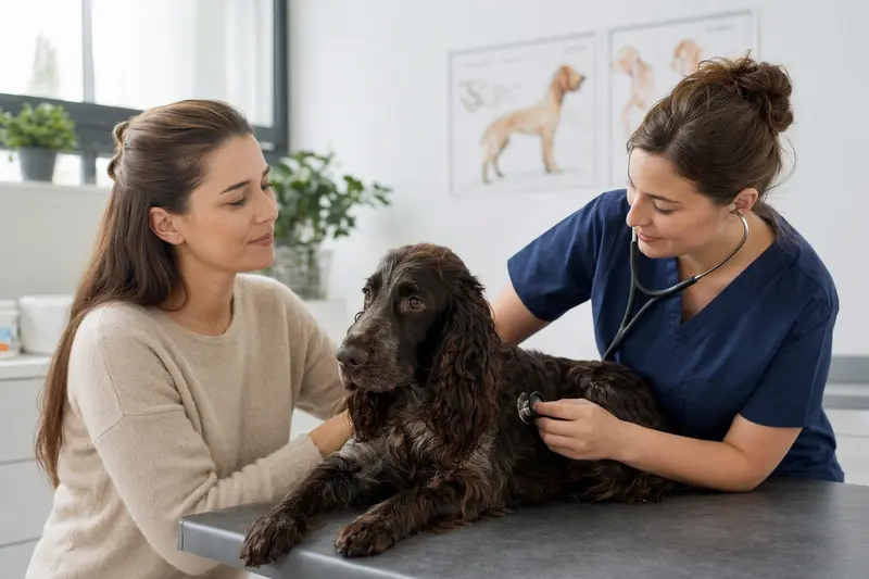 Ein Field Spaniel wird von einer Tierärztin mit Stethoskop in einer modernen Tierarztpraxis untersucht, während der Besitzer beruhigend daneben steht.