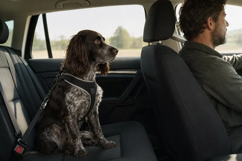 Ein Field Spaniel sitzt sicher angeschnallt auf der Rückbank eines Autos, während die Sonne durch das Fenster scheint.