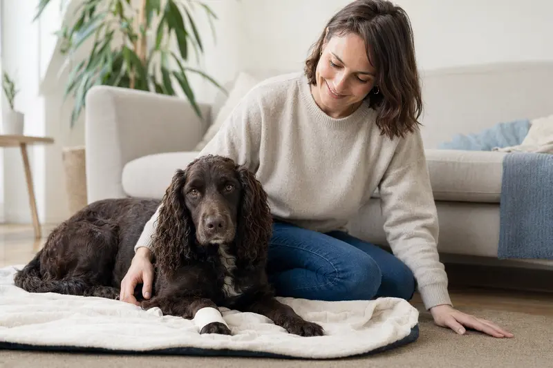 Ein Field Spaniel mit einem Verband an der Pfote liegt ruhig neben seinem erleichterten Besitzer.