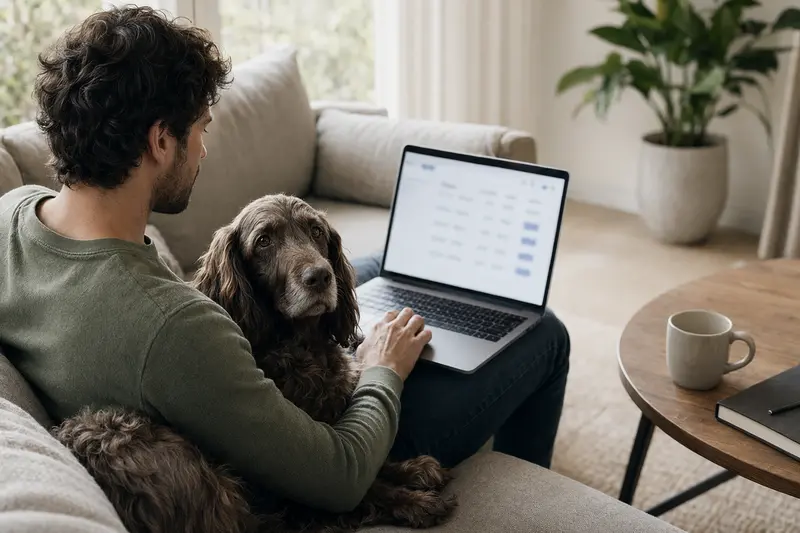 Ein Hundebesitzer arbeitet am Laptop auf dem Sofa, während ein Field Spaniel neben ihm sitzt.